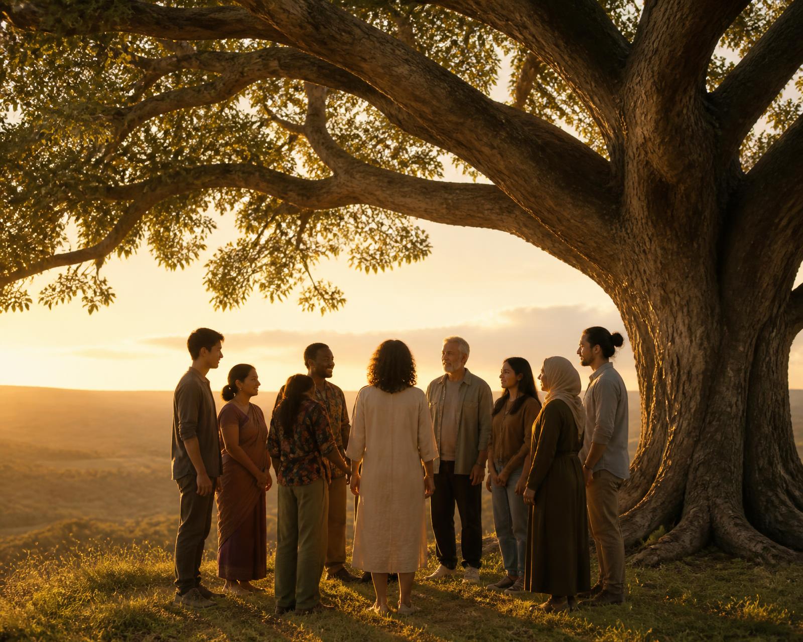 A circle of people of many ethnicities, ages and genders standing together beneath an ancient tree at golden hour, open landscape behind them