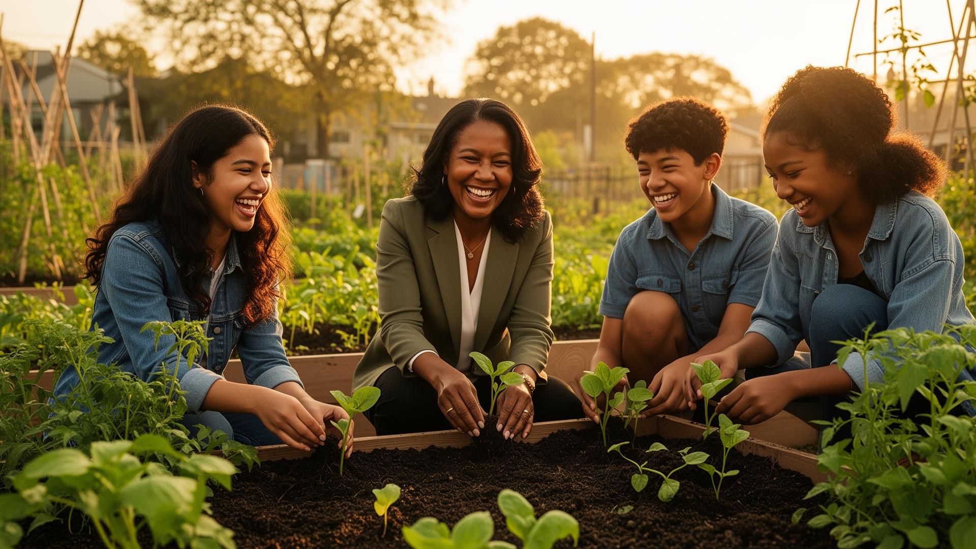 A diverse mentor and three teenagers laughing as they plant seedlings in a community garden